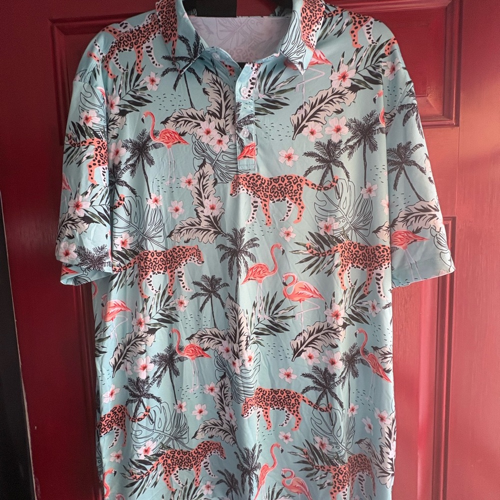 Men's Mint Green Tropical with Coral Accent Print Golfers Polo